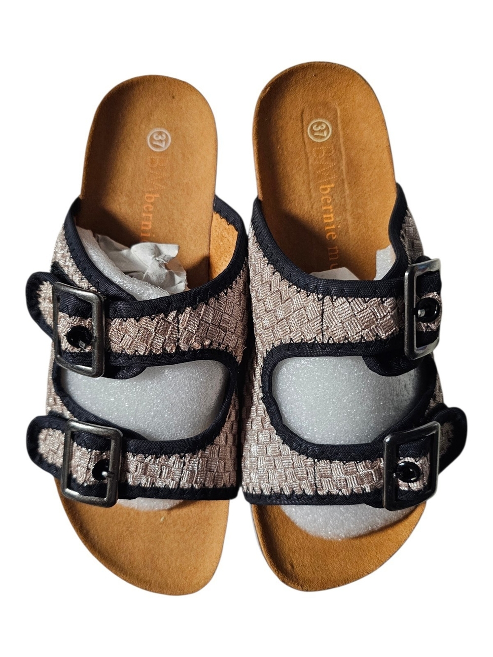 bernie mev. Beige Woven Double-Buckle Slide Sandals with Black Trim